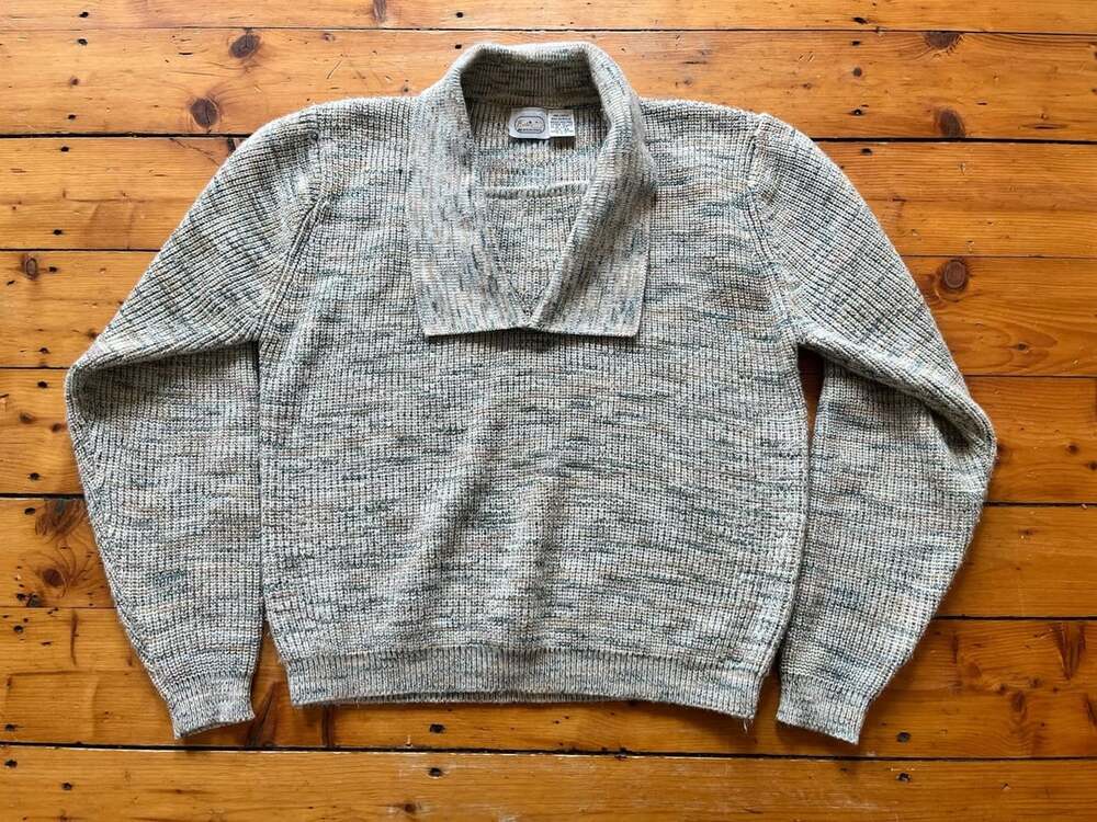 Beeline Fashions Sweater Size M Grey Acrylic Marled Shawl Collar 70s Vintage